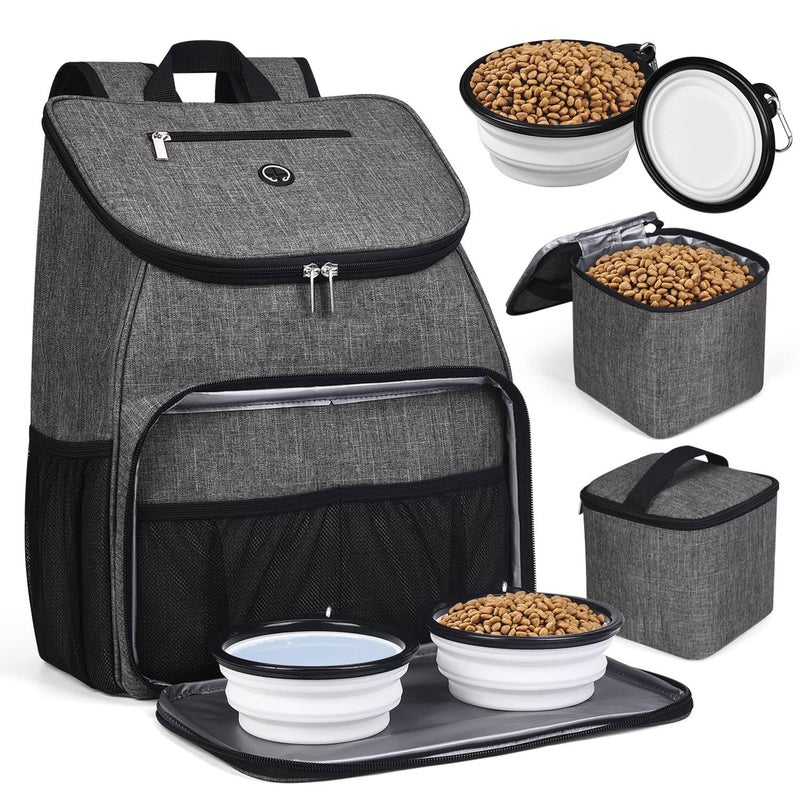 BAGLHERä¸¨Dog Travel Bag, Airline Approved Pet Supplies Backpack, Dog Travel Backpack Accessories Set with 2 Silicone Collapsible Bowls and 2 Food Baskets, Gray - Image 1